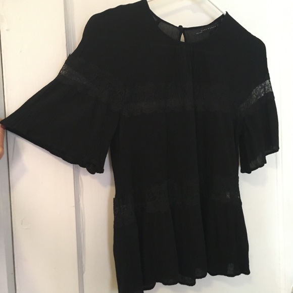 💕Zara Black Pleated Blouse w/2 Lace Panels S Sm - Picture 6 of 7